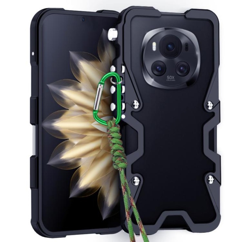 For Honor Magic6 Trigger Design Hollow Metal Frame Phone Case with Lanyard(Black)