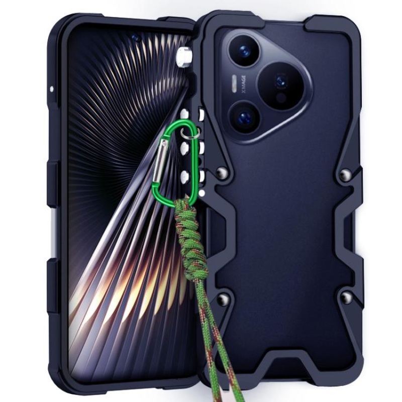 For Huawei Pura 70 Pro Trigger Design Hollow Metal Frame Phone Case with Lanyard(Black)