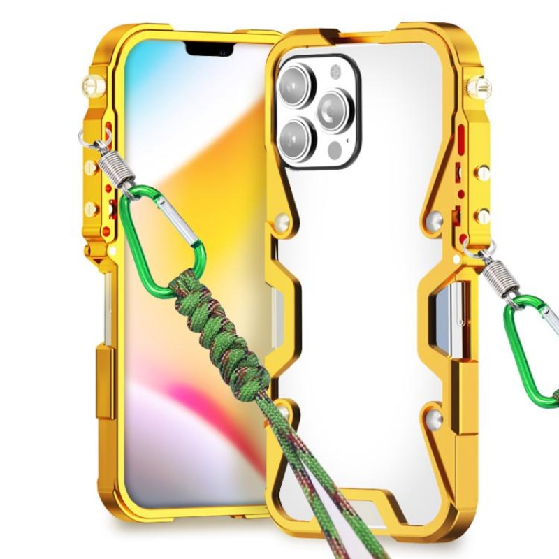 For iPhone 12 Pro Max Trigger Design Hollow Metal Frame Phone Case with Lanyard(Gold)