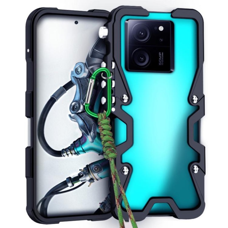 For Redmi K60 Ultra Trigger Design Hollow Metal Frame Phone Case with Lanyard(Black)