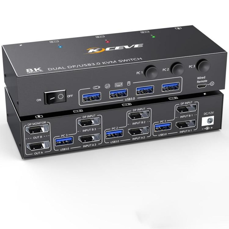 KCEVE KC-KVM302DP USB 3.0 Dual Monitor 8K 30Hz KVM Switch, Plug Type:US Plug