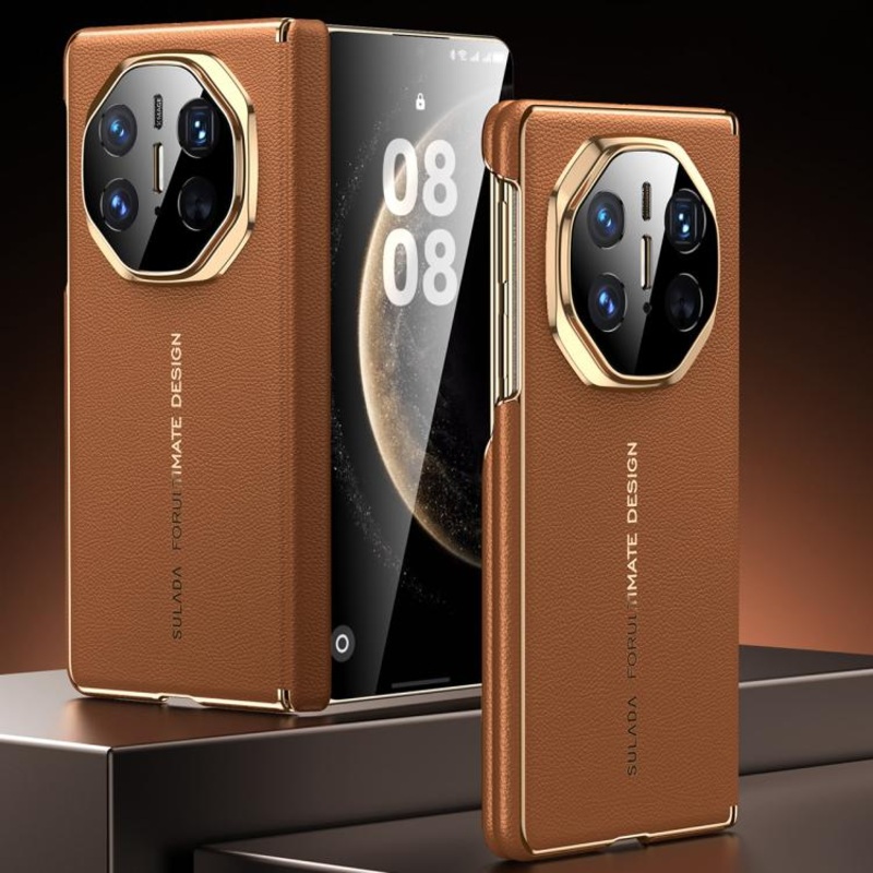 For Huawei Mate X5 / Mate X3 SULADA Electroplated Frame Dual-Axis Magnetic Genuine Leather Phone Case(Brown)