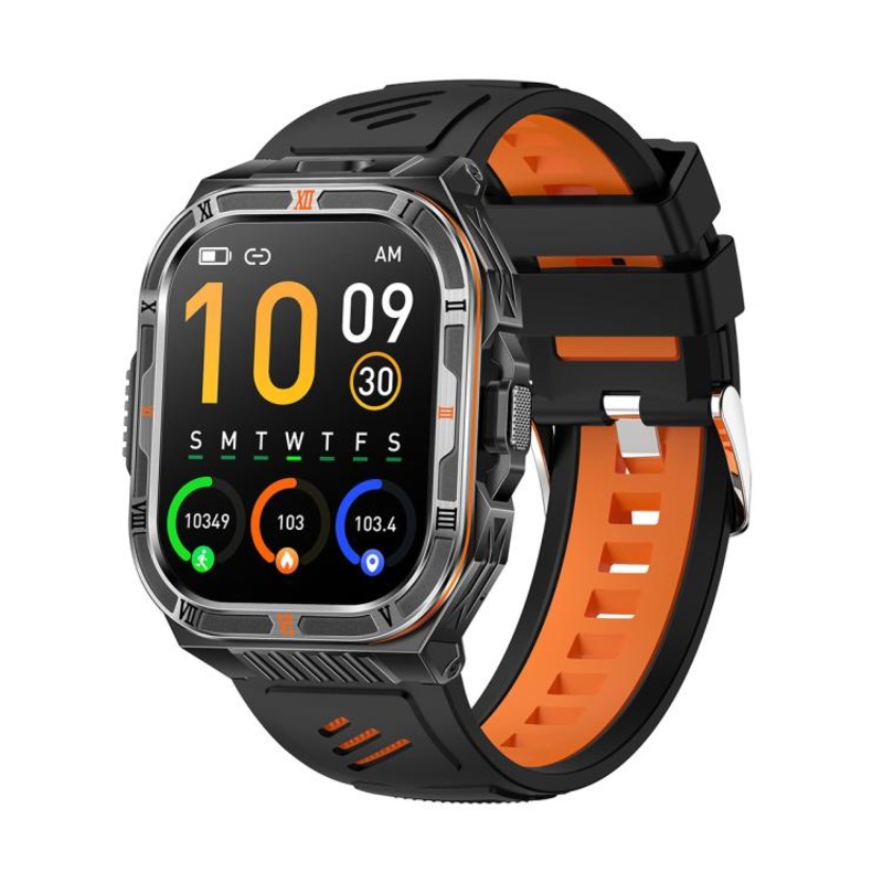 HT38 2.01 inch IPS Square Screen Smart Sports Watch Supports Bluetooth Call, Health Monitoring, LED Flashlight(Black Orange Silicone Strap)
