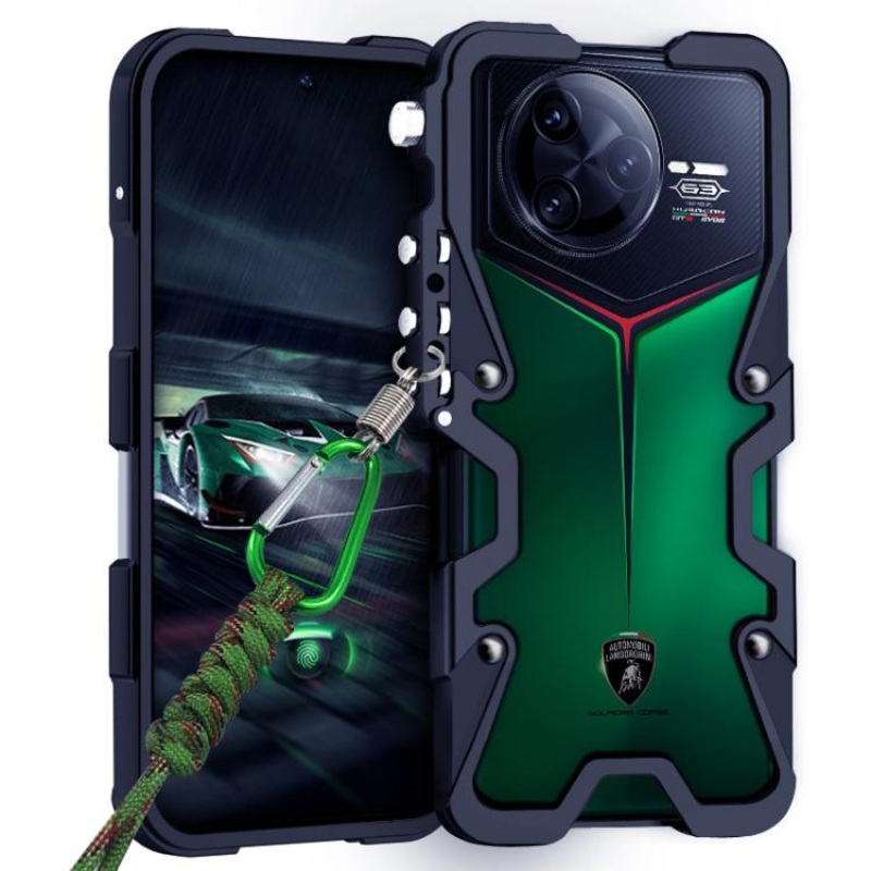 For Redmi K80 Pro Trigger Design Hollow Metal Frame Phone Case with Lanyard(Black)