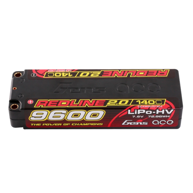 Gens ace Redline 2.0 58# 9600mAh 2S 7.6V 140C HardCase LiPo Battery Pack, 5.0mm Bullet