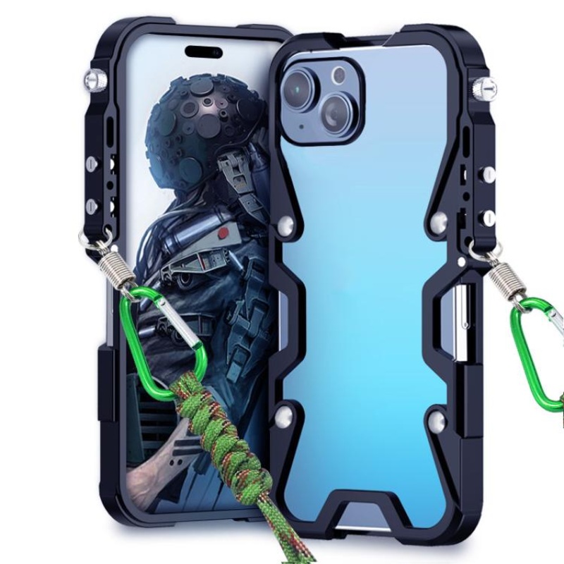 For iPhone 14 Trigger Design Hollow Metal Frame Phone Case with Lanyard(Black)