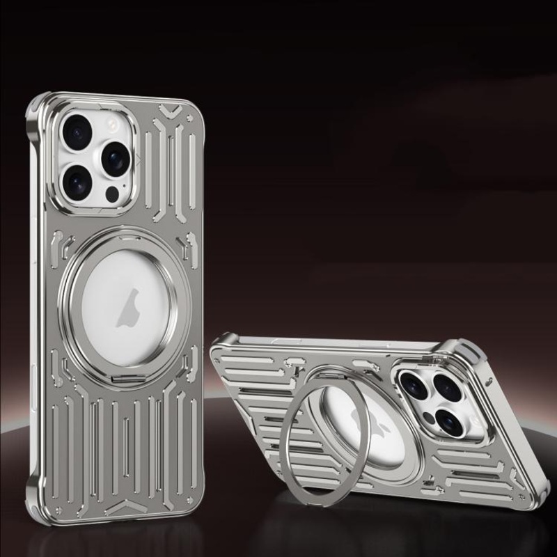 For iPhone 15 Pro Max Mech Series Cooling Rotating Holder Metal Frameless Phone Case(Titanium Grey)
