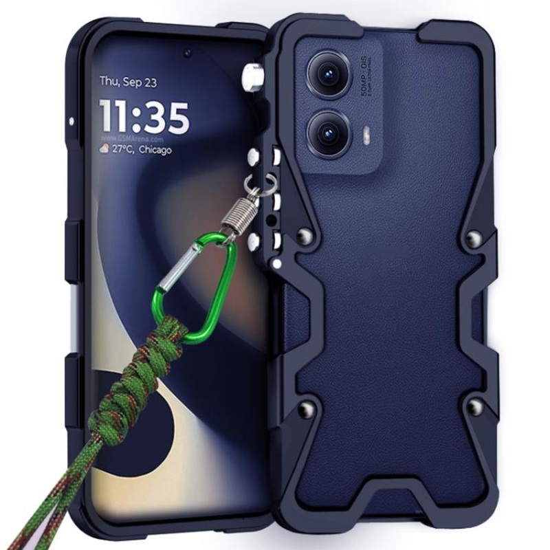 For Motorola Moto G85 Trigger Design Hollow Metal Frame Phone Case with Lanyard(Black)