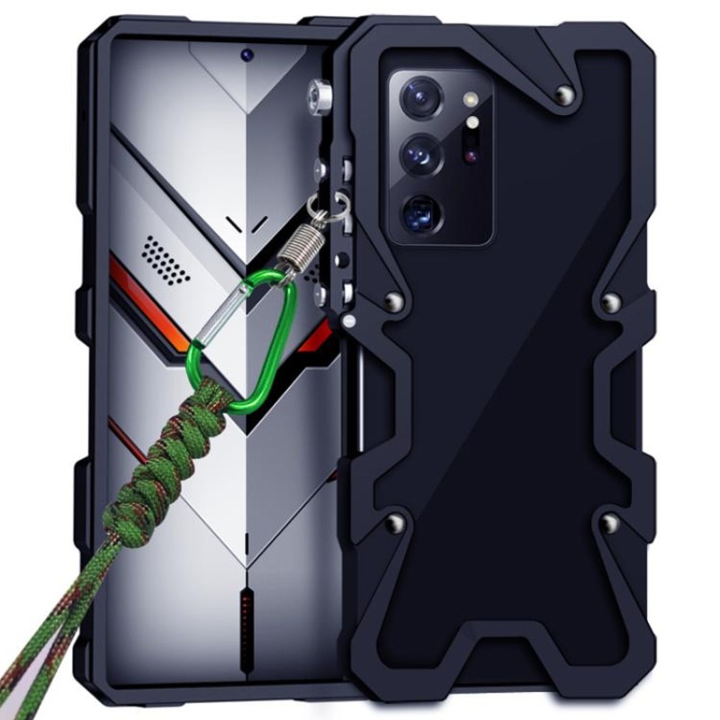 For Samsung Galaxy Note20 Ultra Trigger Design Hollow Metal Frame Phone Case with Lanyard(Black)