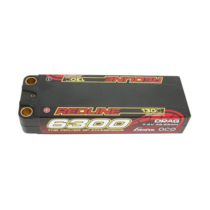 Gens ace Redline Drag Racing LiPo Battery 6300mAh 7.4V 2S2P 130C Hardcase, 8.0mm Bullet