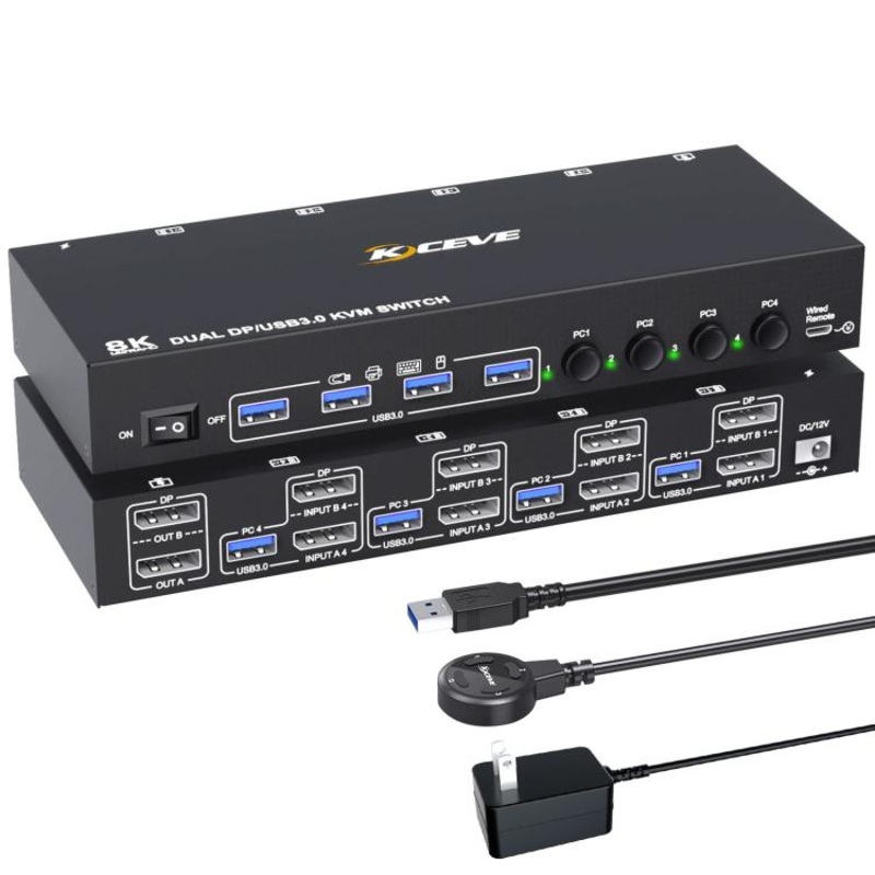 KC-KVM402DP 8K 30Hz 4 Input 2 Output DP / USB3.0 Dual Monitor KVM Switch, EU Plug