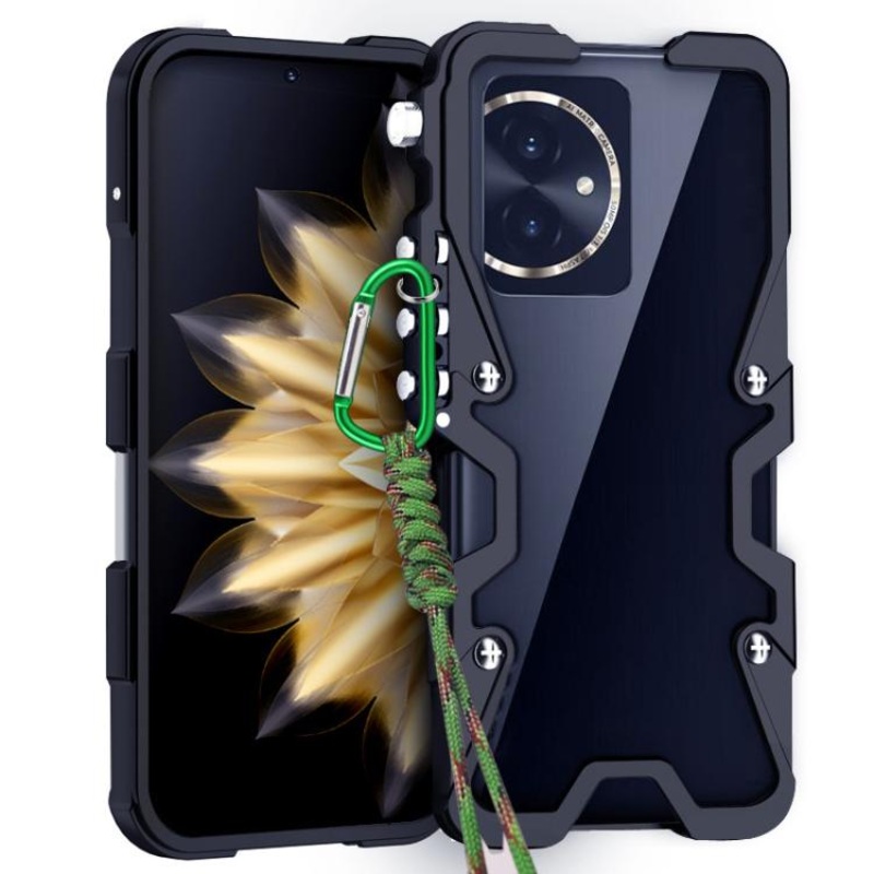 For Honor 100 Trigger Design Hollow Metal Frame Phone Case with Lanyard(Black)