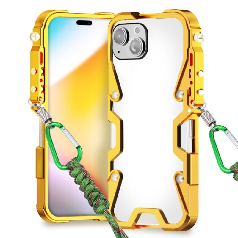 For iPhone 15 Plus Trigger Design Hollow Metal Frame Phone Case with Lanyard(Gold)