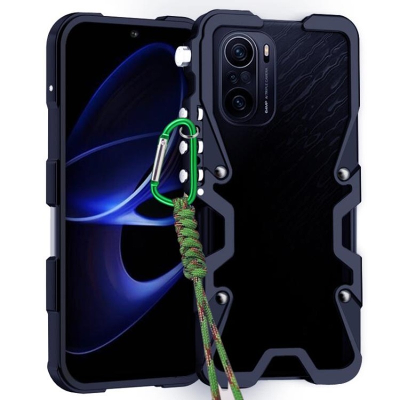For Redmi K40 Pro Trigger Design Hollow Metal Frame Phone Case with Lanyard(Black)