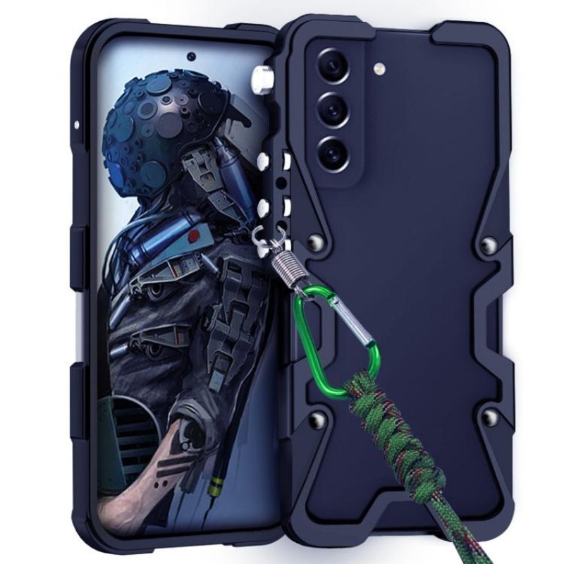 For Samsung Galaxy S21 FE 5G Trigger Design Hollow Metal Frame Phone Case with Lanyard(Black)