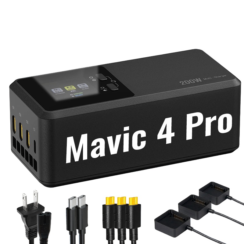 LKTOP 200W Battery Charging Hub for DJI Mavic 4 Pro, 3 Battery Ports + USB-C, 3 Modes, LCD Smart Charger