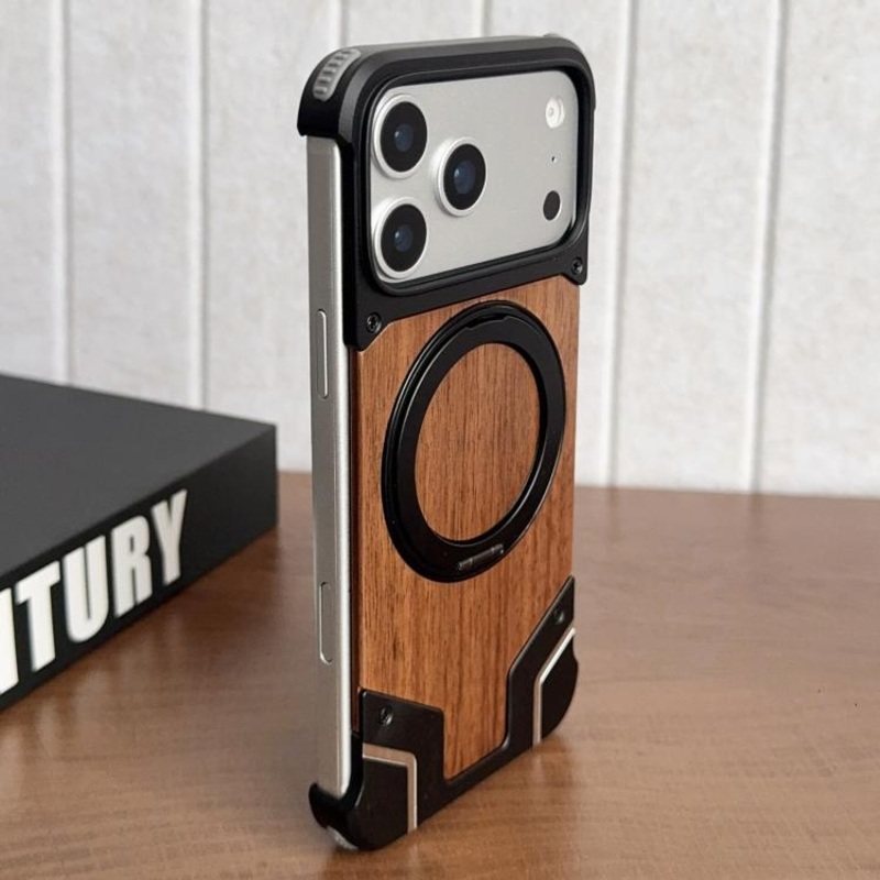 For iPhone 17 Pro Max Armor Walnut Wood Metal Frameless 360 Rotation Holder Magnetic Phone Case(Black)