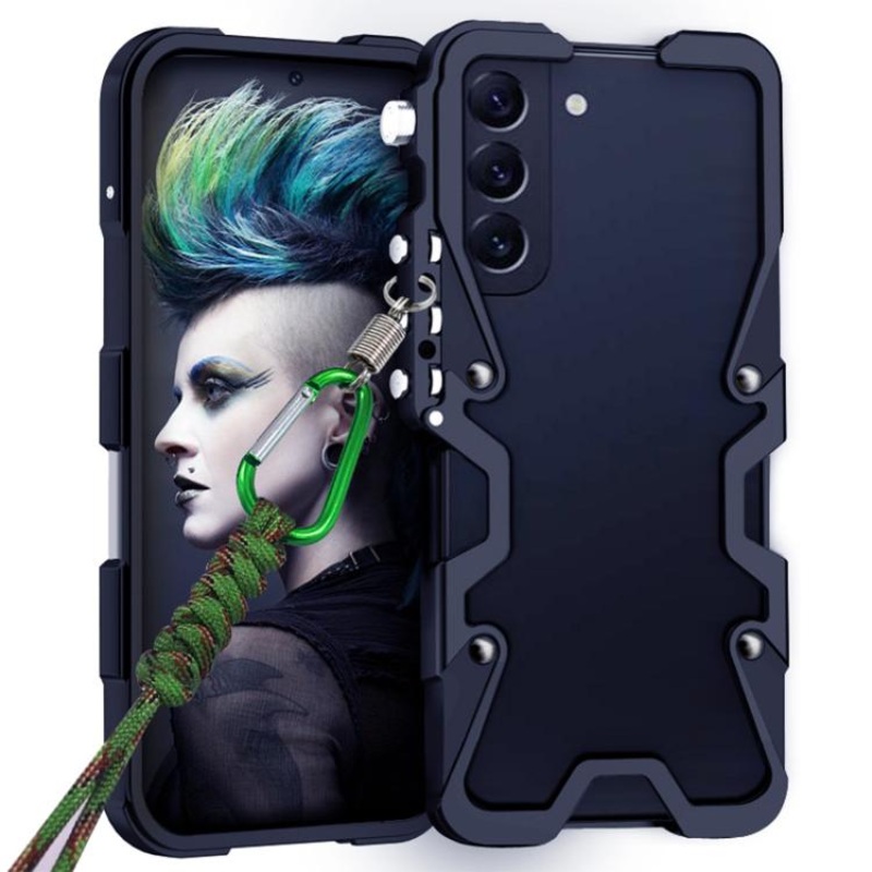 For Samsung Galaxy S22+ 5G Trigger Design Hollow Metal Frame Phone Case with Lanyard(Black)
