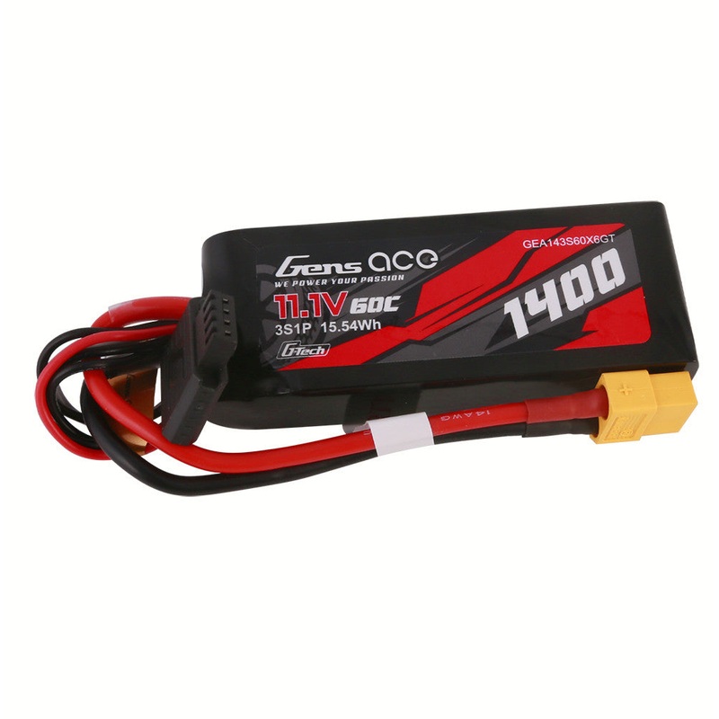 Gens ace 1400mAh 3S 60C 11.1V G-Tech LiPo Battery Pack, XT60 Plug + Extra XT60 Female