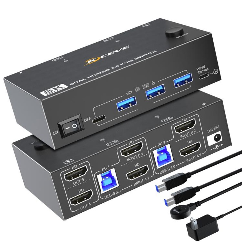 KC-KVM8202 8K 60Hz USB3.0 / HDMI 2-Port Dual Monitor KVM Switch, UK Plug
