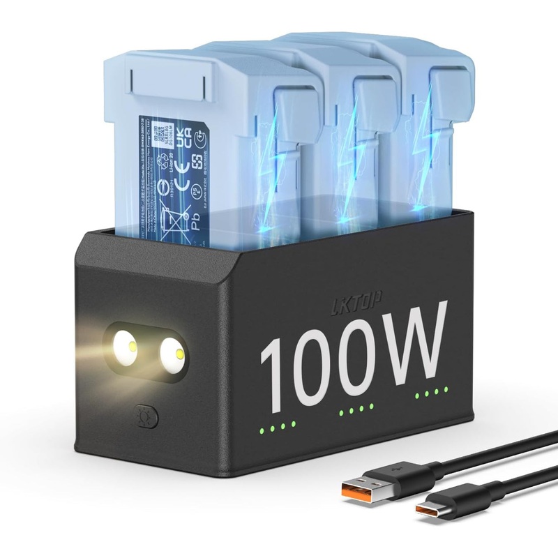 LKTOP 100W Fast Charging Hub for DJI Mini 5 Pro/Mini 4 Pro/Mini 3 Series, 3-Battery Parallel, LED/SOS/Storage