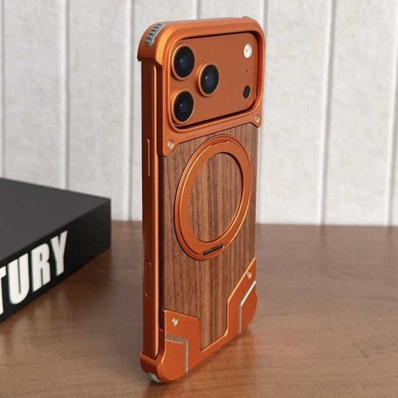 For iPhone 17 Pro Max Armor Walnut Wood Metal Frameless 360 Rotation Holder Magnetic Phone Case(Orange)