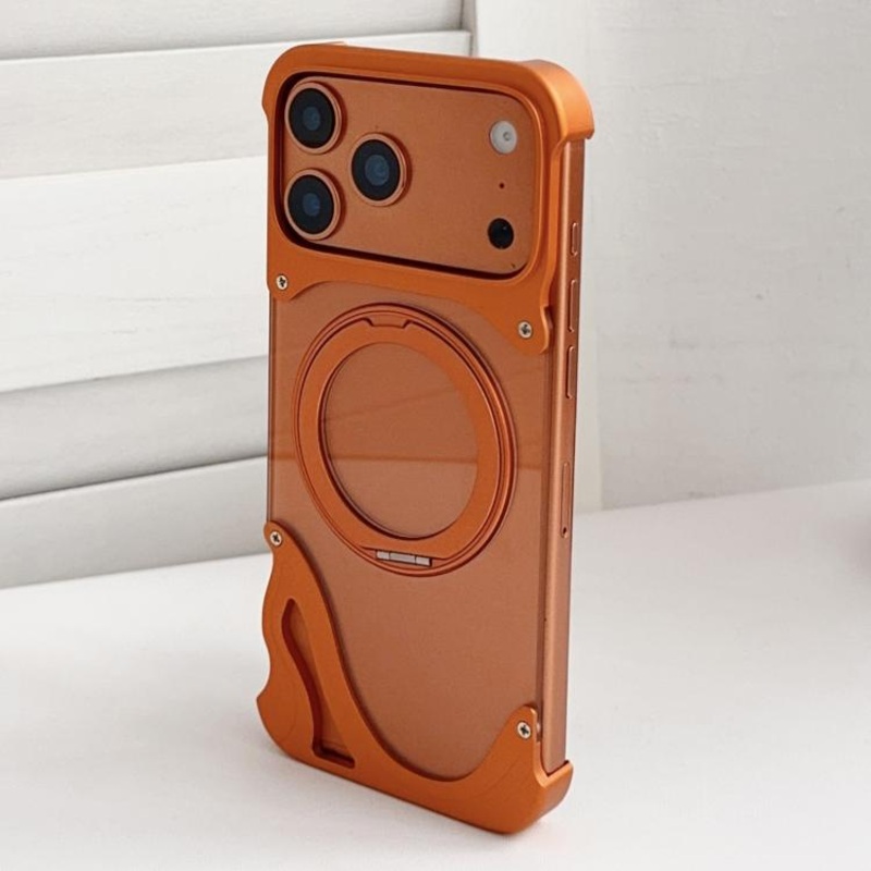 For iPhone 17 Pro Max Dolphin Original Color Metal Frameless 360 Rotation Holder Magnetic Phone Case(Orange)