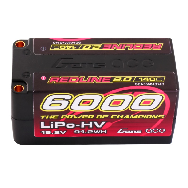 Gens ace Redline 2.0 6000mAh 4S 15.2V 140C Hardcase Shorty LiPo Battery, 5.0mm Bullet