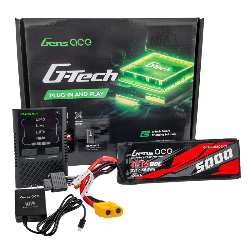 Gens ace Bundle: 5000mAh 3S 11.1V 60C G-Tech LiPo Battery (XT60) + iMars mini 60W Charger