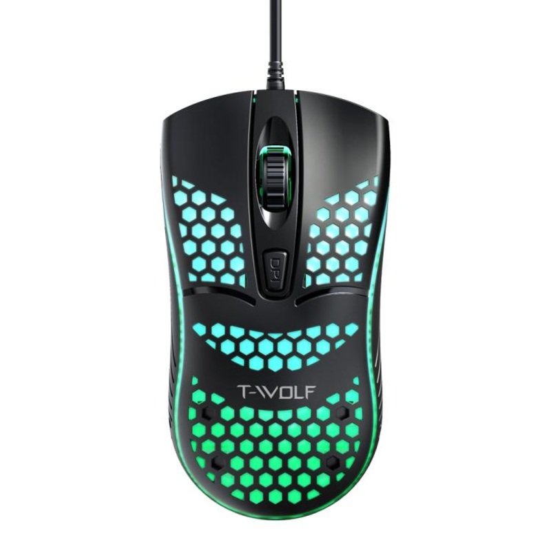 T-WOLF V15 Honeycomb Wired USB Gaming Mouse with RGB Lighting Ergonomic Hollow Design for PC Office Home Use(Black)