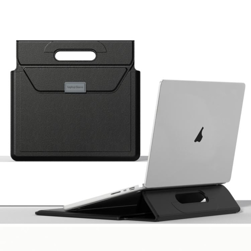 For 13 / 14 inch Handle Portable Laptop Briefcase PU Leather Laptop Sleeve with Foldable Stand(Black)