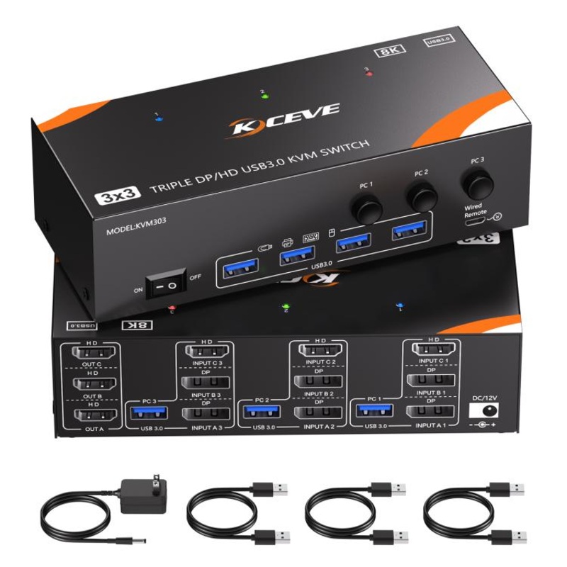 KCEVE KC-KVM303 USB 3.0 Dual Monitor 8K 60Hz KVM Switch, Plug Type:EU Plug