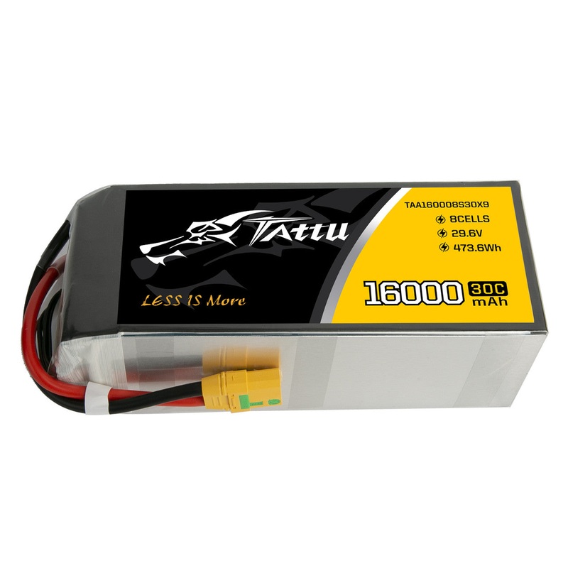 Tattu 16000mAh 29.6V 8S1P 30C 473.6Wh LiPo Battery with XT90-S, JST-XHR-9P, for 13-15 inch FPV