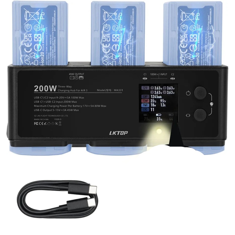 LKTOP 200W Air 3 Series Battery Charging Hub for DJI/Specta with LED Screen, Fast, Storage and Gather Modes