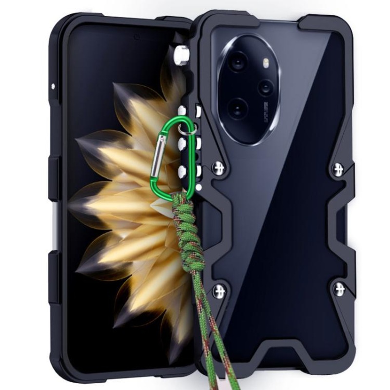 For Honor 100 Pro Trigger Design Hollow Metal Frame Phone Case with Lanyard(Black)