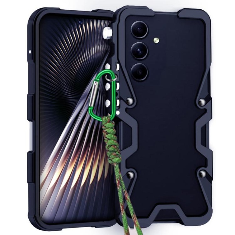 For Samsung Galaxy A54 5G Trigger Design Hollow Metal Frame Phone Case with Lanyard(Black)