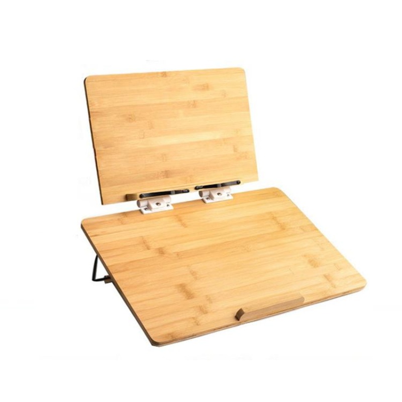 2-Tier Bamboo Reading Stand Tablet Holder, 6-Level Height Adjustable Book Rest & Laptop Riser 65x36cm Light