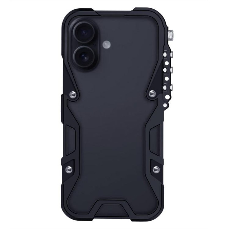 For iPhone 16 Plus Trigger Design Hollow Metal Frame Phone Case with Lanyard(Black)