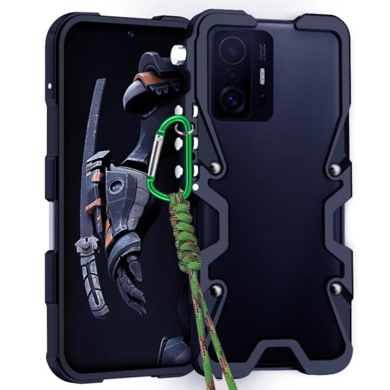 For Xiaomi 11T Pro Trigger Design Hollow Metal Frame Phone Case with Lanyard(Black)