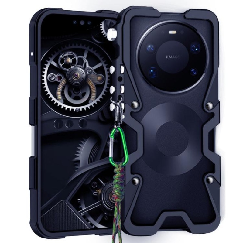 For Huawei Mate 80 Pro Max Trigger Design Hollow Metal Frame Phone Case with Lanyard(Black)