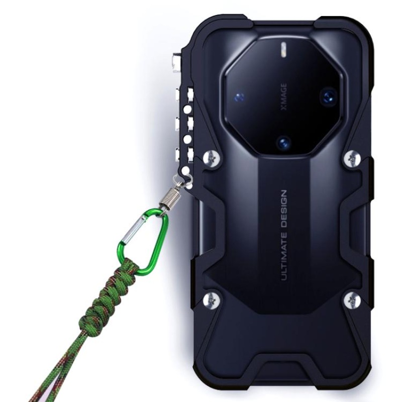 For Huawei Mate 60 RS Ultimate Trigger Design Hollow Metal Frame Phone Case with Lanyard(Black)