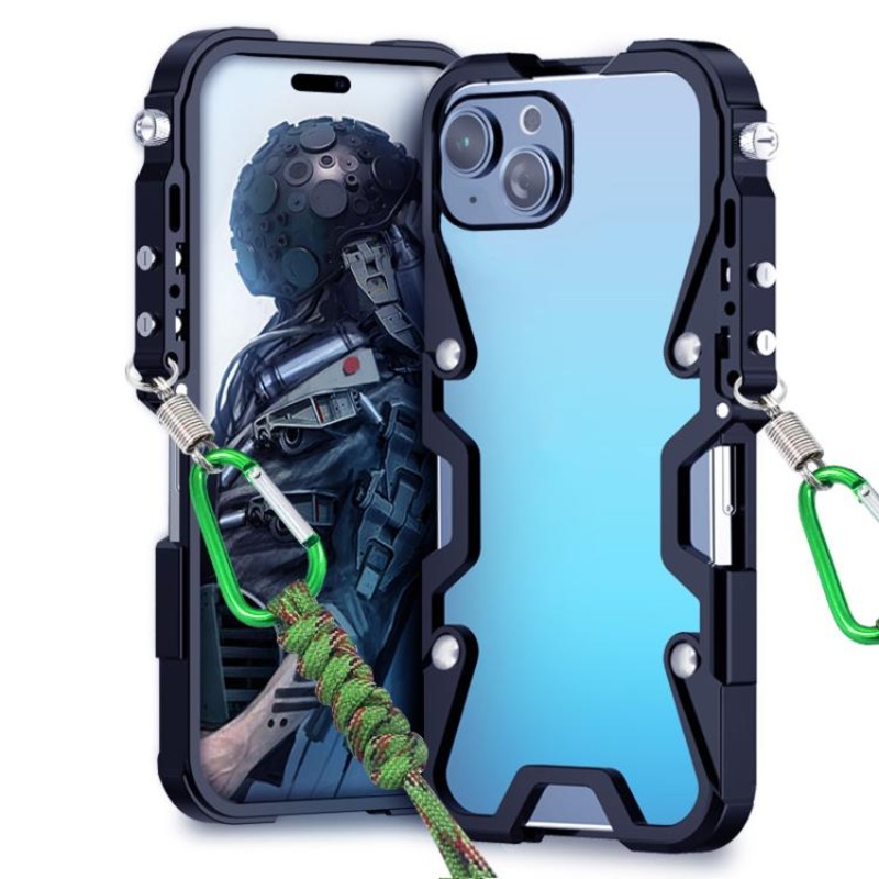 For iPhone 14 Plus Trigger Design Hollow Metal Frame Phone Case with Lanyard(Black)