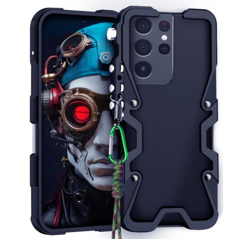 For Samsung Galaxy S21 Ultra 5G Trigger Design Hollow Metal Frame Phone Case with Lanyard(Black)