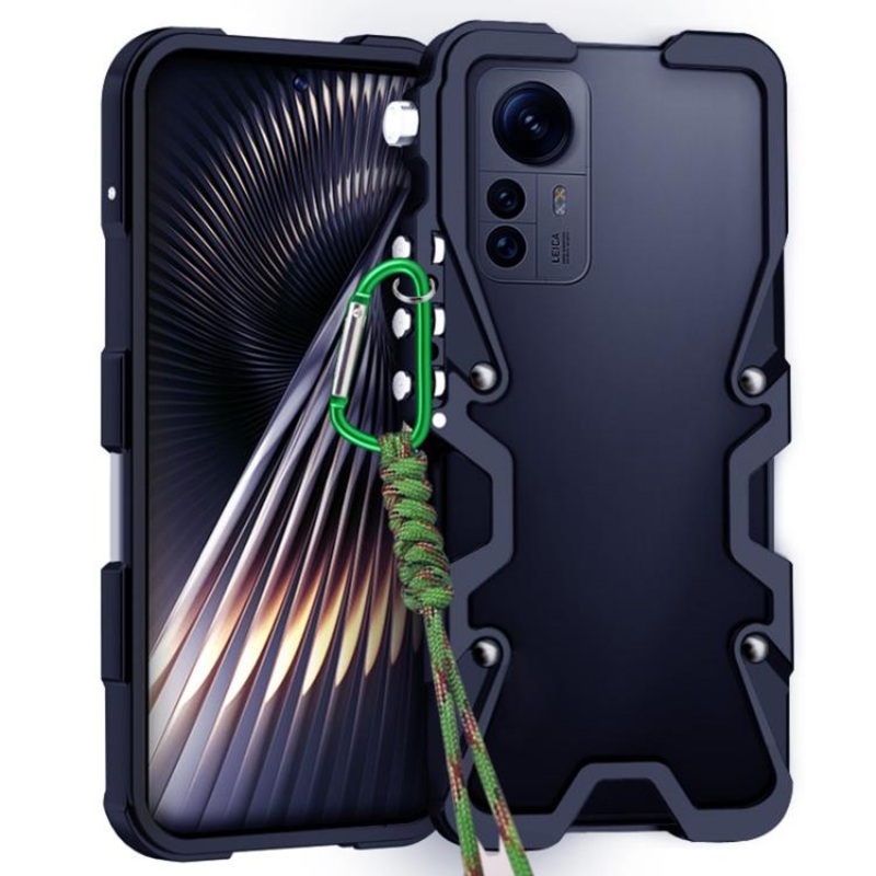 For Xiaomi 12S Pro Trigger Design Hollow Metal Frame Phone Case with Lanyard(Black)