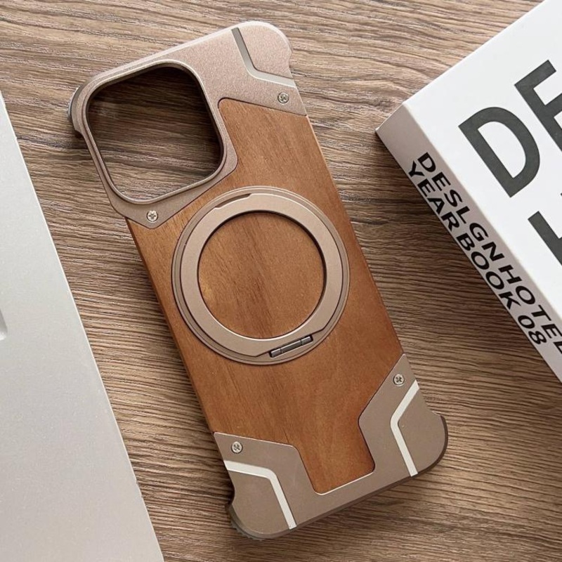 For iPhone 16 Pro Max Armor Walnut Wood Metal Frameless 360 Rotation Holder Magnetic Phone Case(Dessert Gold)
