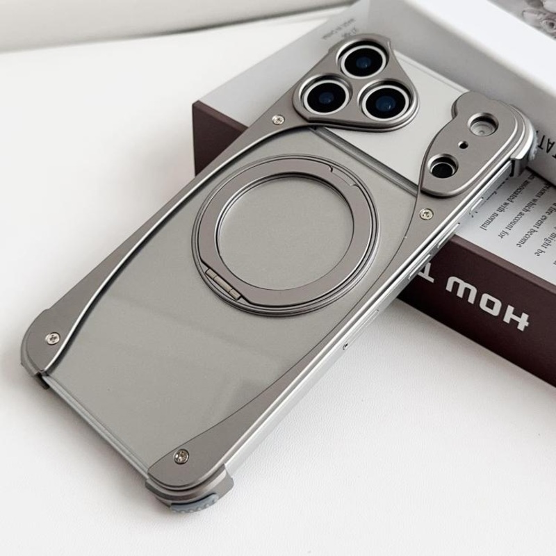 For iPhone 17 Pro Max Weasel Original Color Metal Frameless 360 Rotation Holder Magnetic Phone Case(Titanium Color)