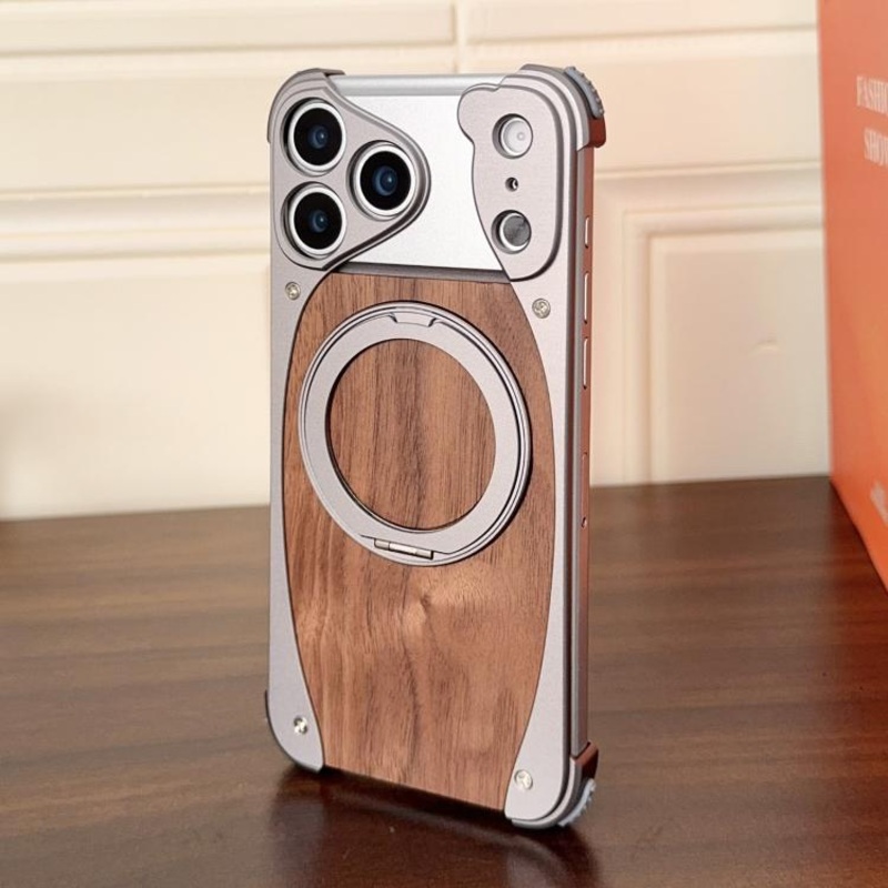 For iPhone 17 Pro Max Walnut Metal Frameless 360 Degree Rotation Holder MagSafe Phone Case(Titanium Color)