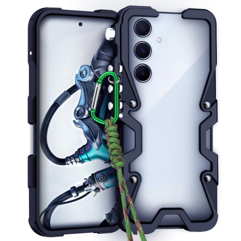 For Samsung Galaxy A35 5G Trigger Design Hollow Metal Frame Phone Case with Lanyard(Black)