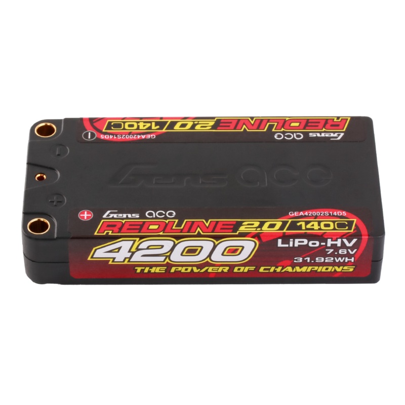 Gens ace Redline 2.0 4200mAh 2S 7.6V HV 140C Hardcase LiPo Battery Pack, 5.0mm Bullet