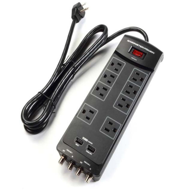 121828-00 - POWER BAR 8 O/LET 6FT CORD 1440J SURGE 2 USB AND 2 CABLE PROT BLK